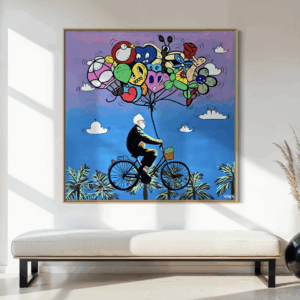 "Pursuit of Happiness" painting on canvas with colorful cartoon balloons and soft sunset tones